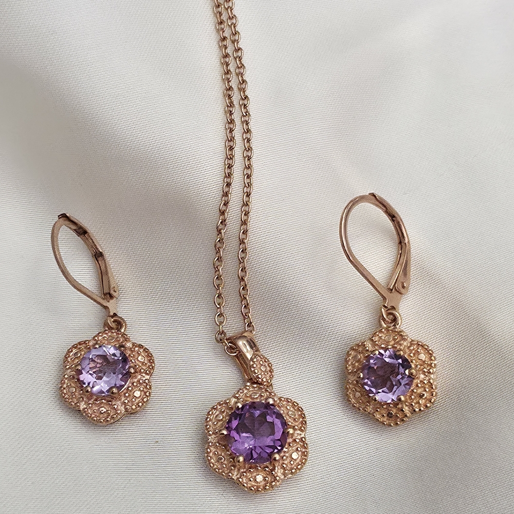 Rose de France Amethyst ION Plated 18K RG Brass Floral Pendant And Earrings Set